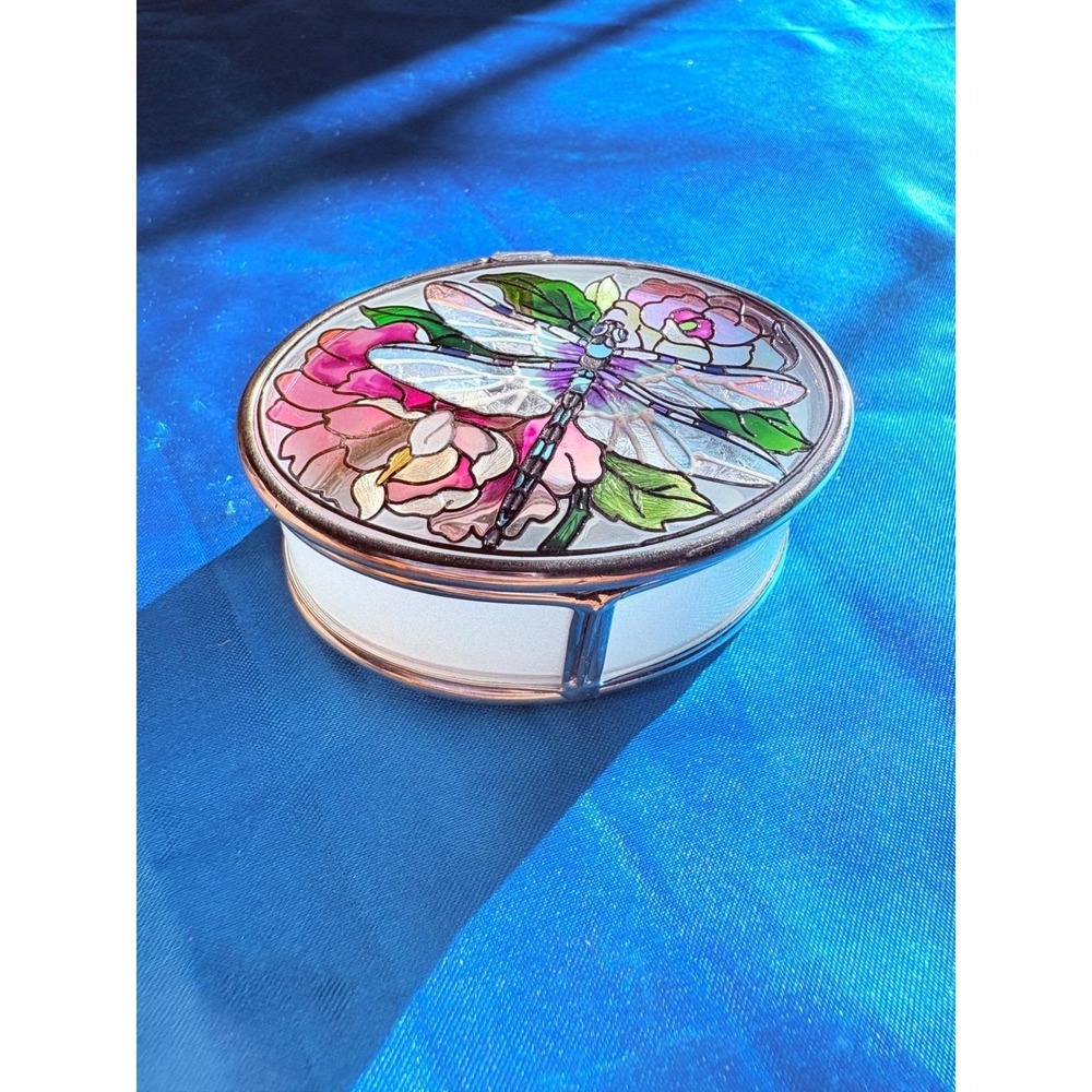 Amia Studios Hand Painted Dragonfly Glass Trinket Box Mirrored Jewelry Case‎